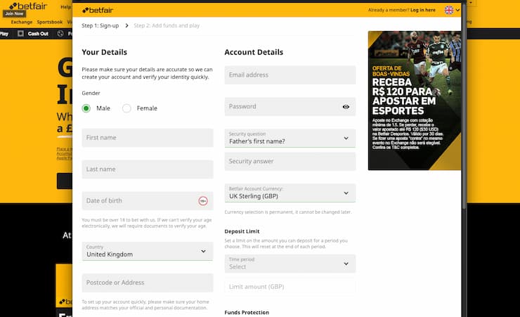 A view of the sign-up screen on BetFair, one of the top casinos not on GamStop.